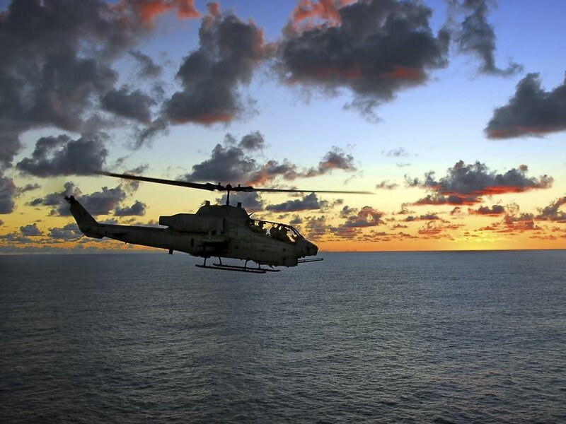 Military Helicopter over Ocean — Blue, Dramatic, Sunset