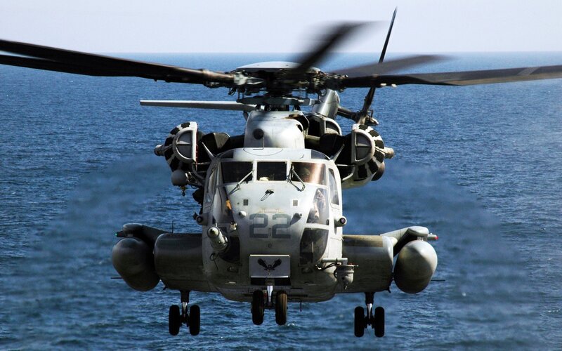 Military Helicopter over Ocean — Gray, Dramatic, Afternoon, Photograph, Helicopter Blades