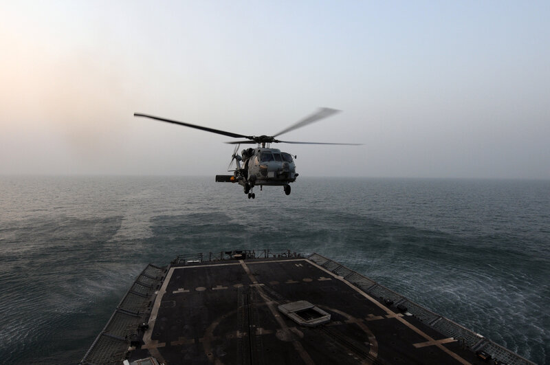 Military Helicopter over Ship — Gray