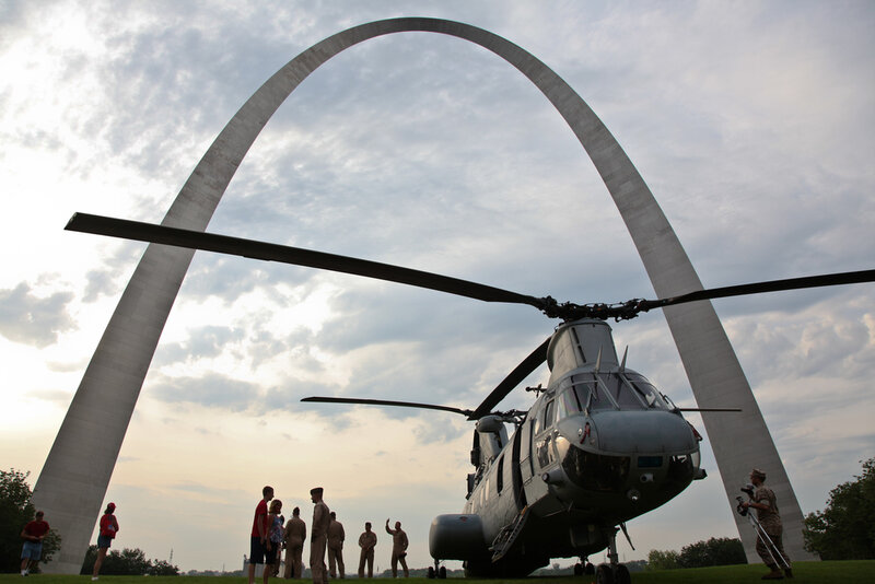 Military Helicopter under Arch