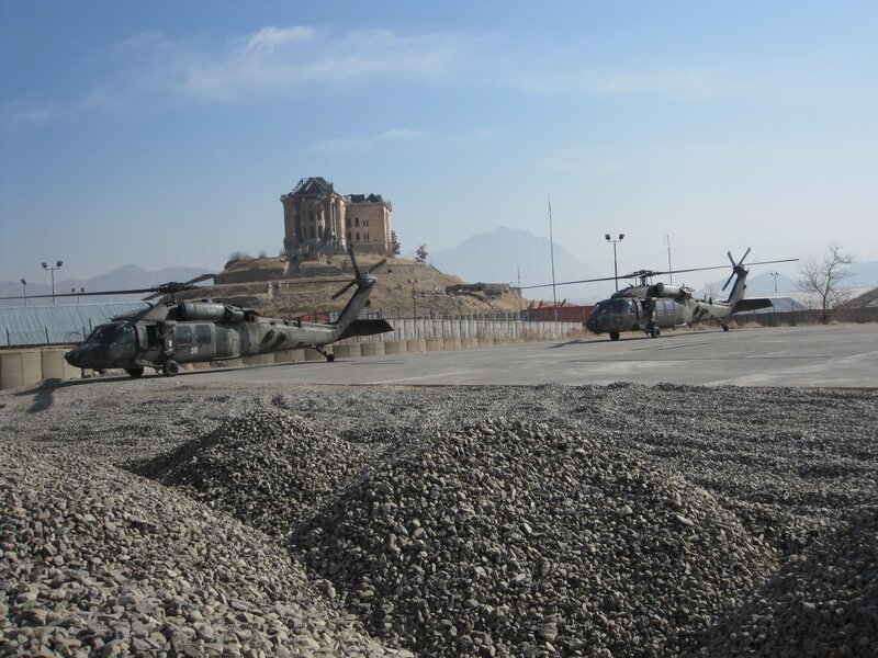 Military helicopters at airfield