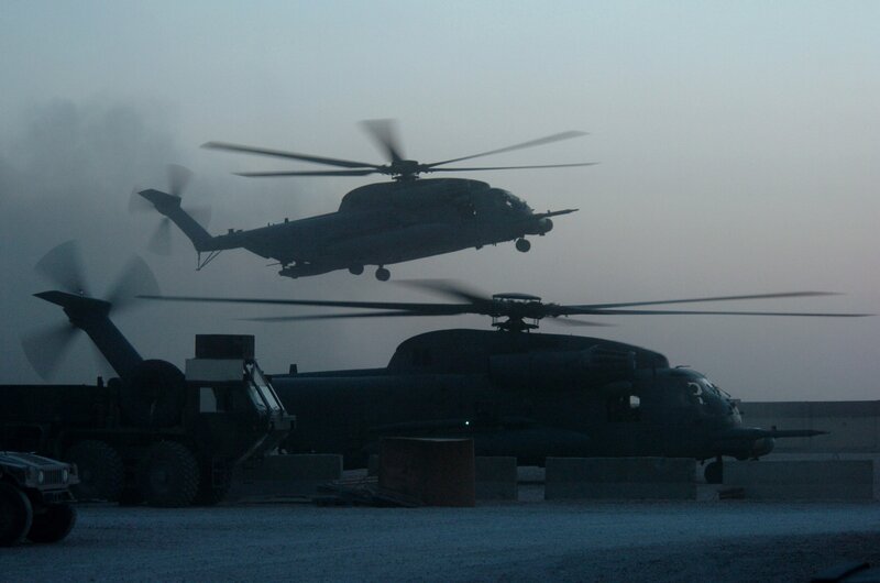 Military helicopters at dusk