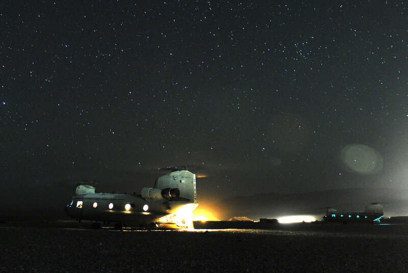 Military helicopters at night