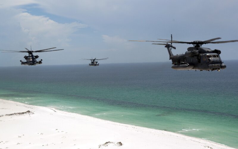 Military Helicopters Flying — Blue, Dramatic