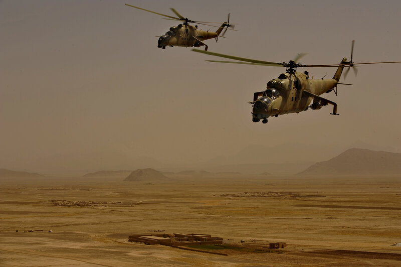 Military helicopters in desert