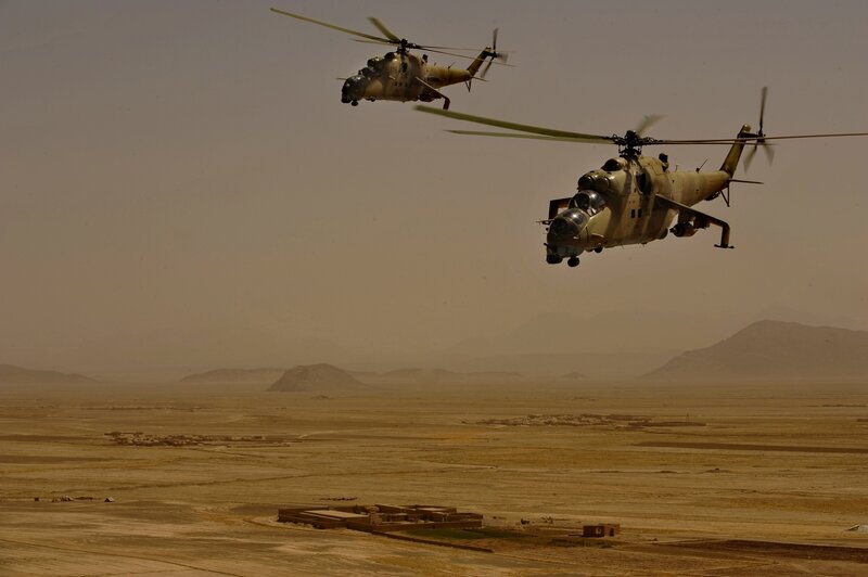 Military Helicopters in Desert — Brown, Dramatic, Afternoon, Photograph, Mountains