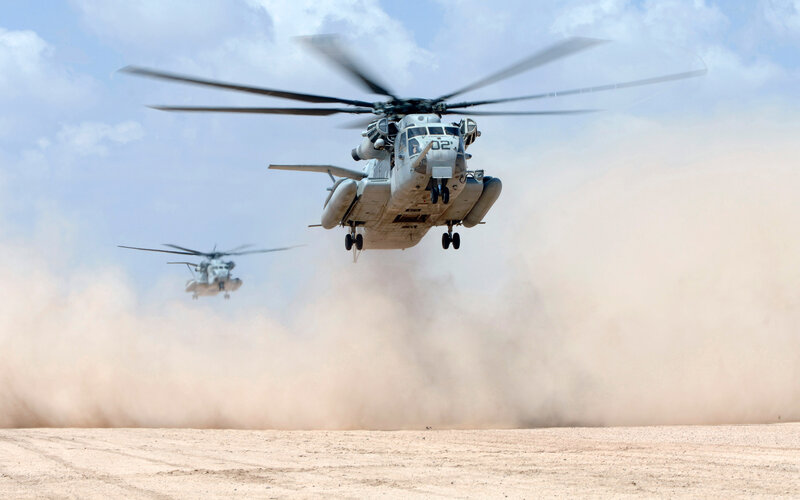 Military Helicopters in Desert — Brown, Dramatic, Afternoon, Photograph