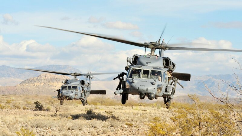 Military Helicopters in Desert — Gray, Dramatic, Afternoon, Photograph, Mountains