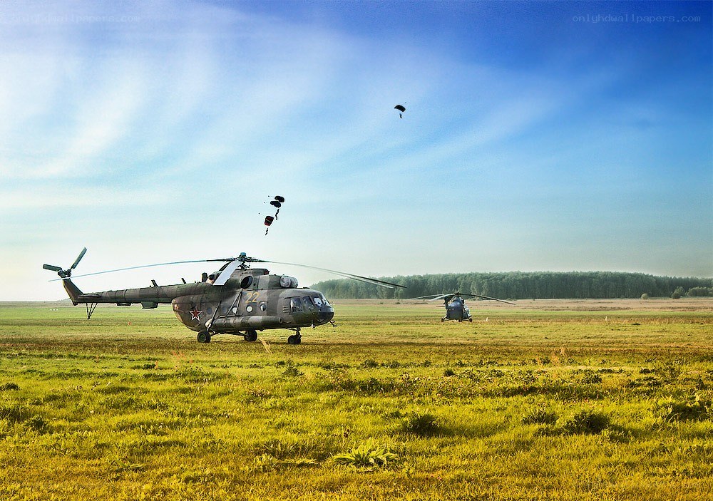 Military helicopters in field