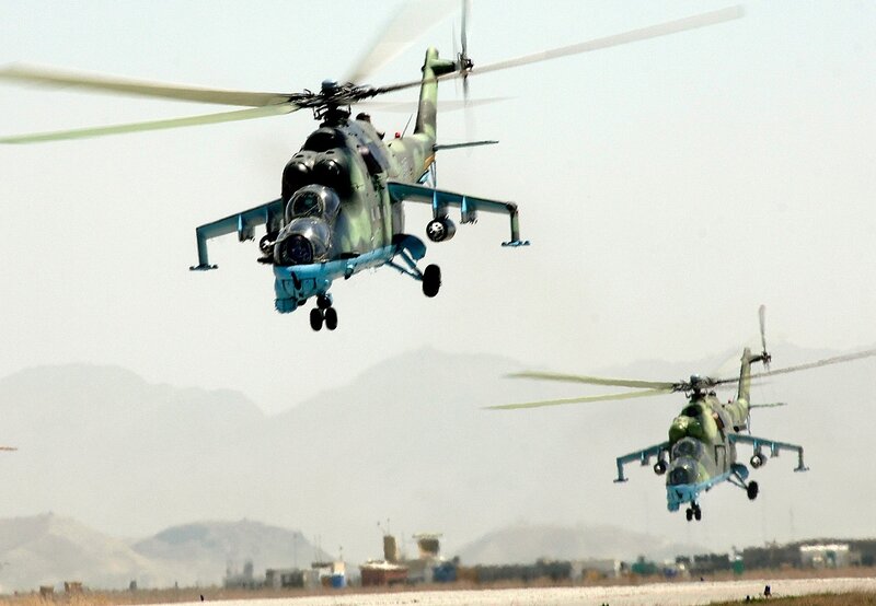 Military helicopters in flight