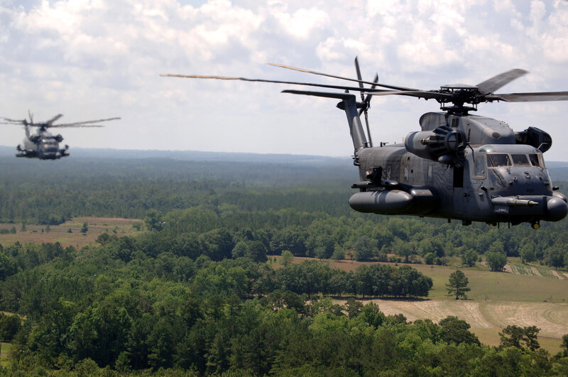Military helicopters in flight