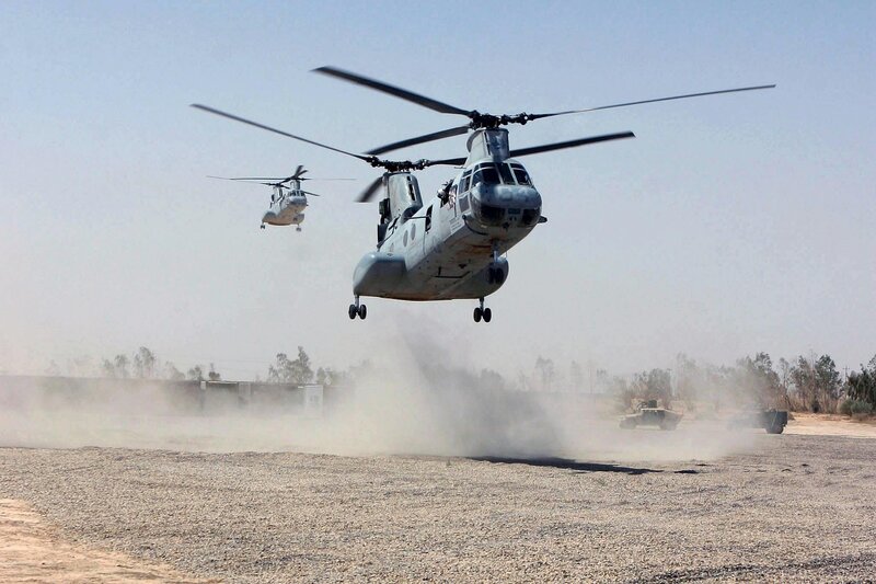 Military helicopters in flight