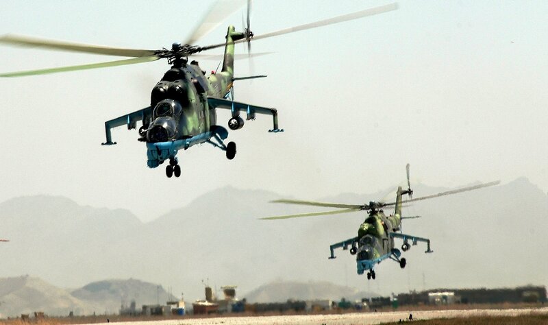 Military helicopters in flight