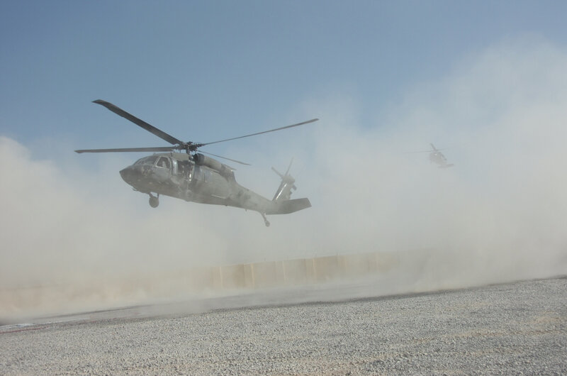 Military helicopters in flight
