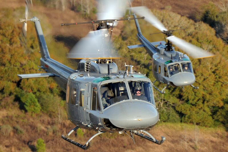 Military helicopters in flight