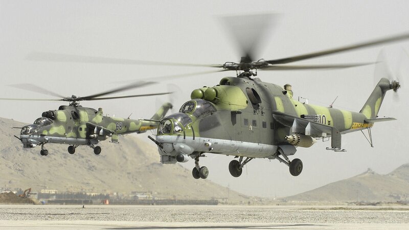 Military helicopters in flight
