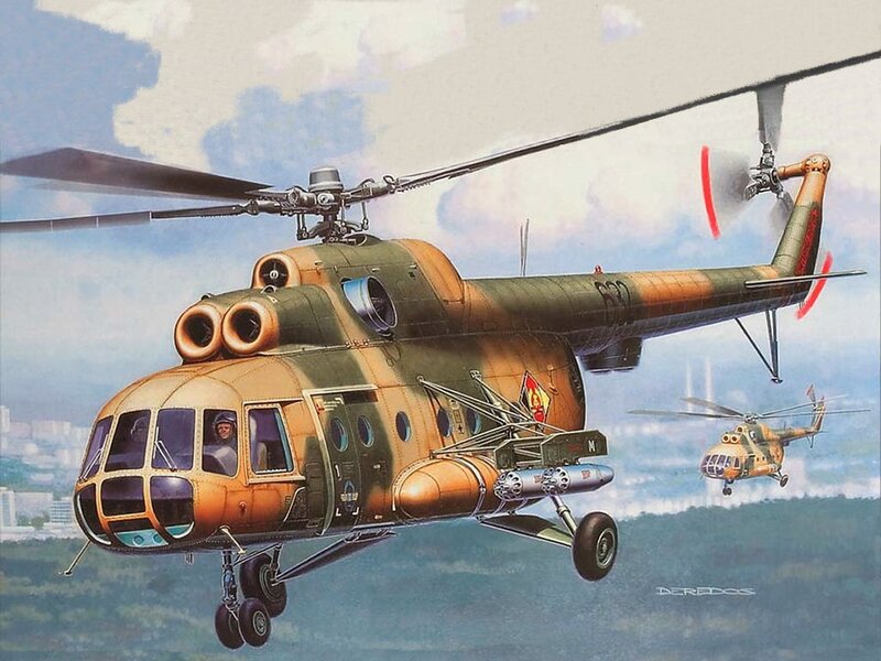 Military helicopters in flight