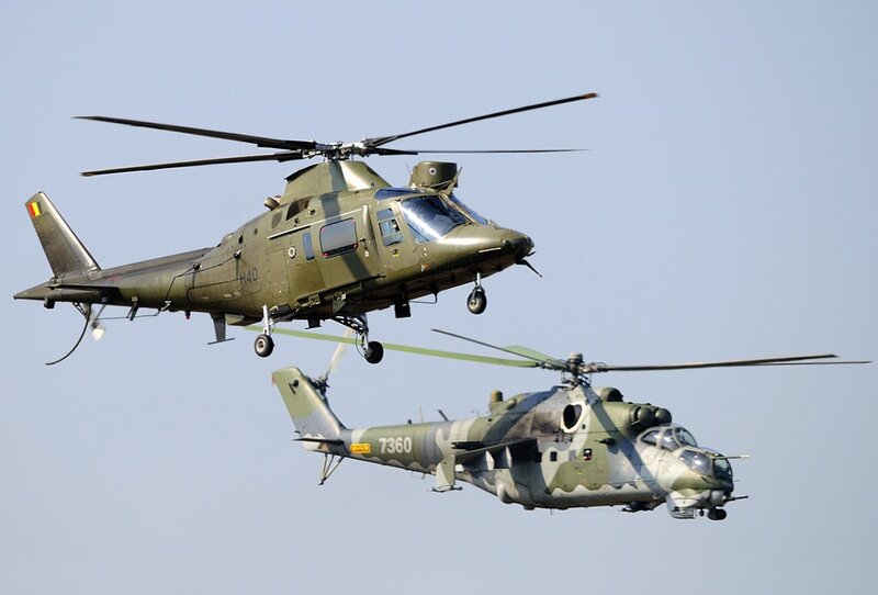 Military helicopters in flight