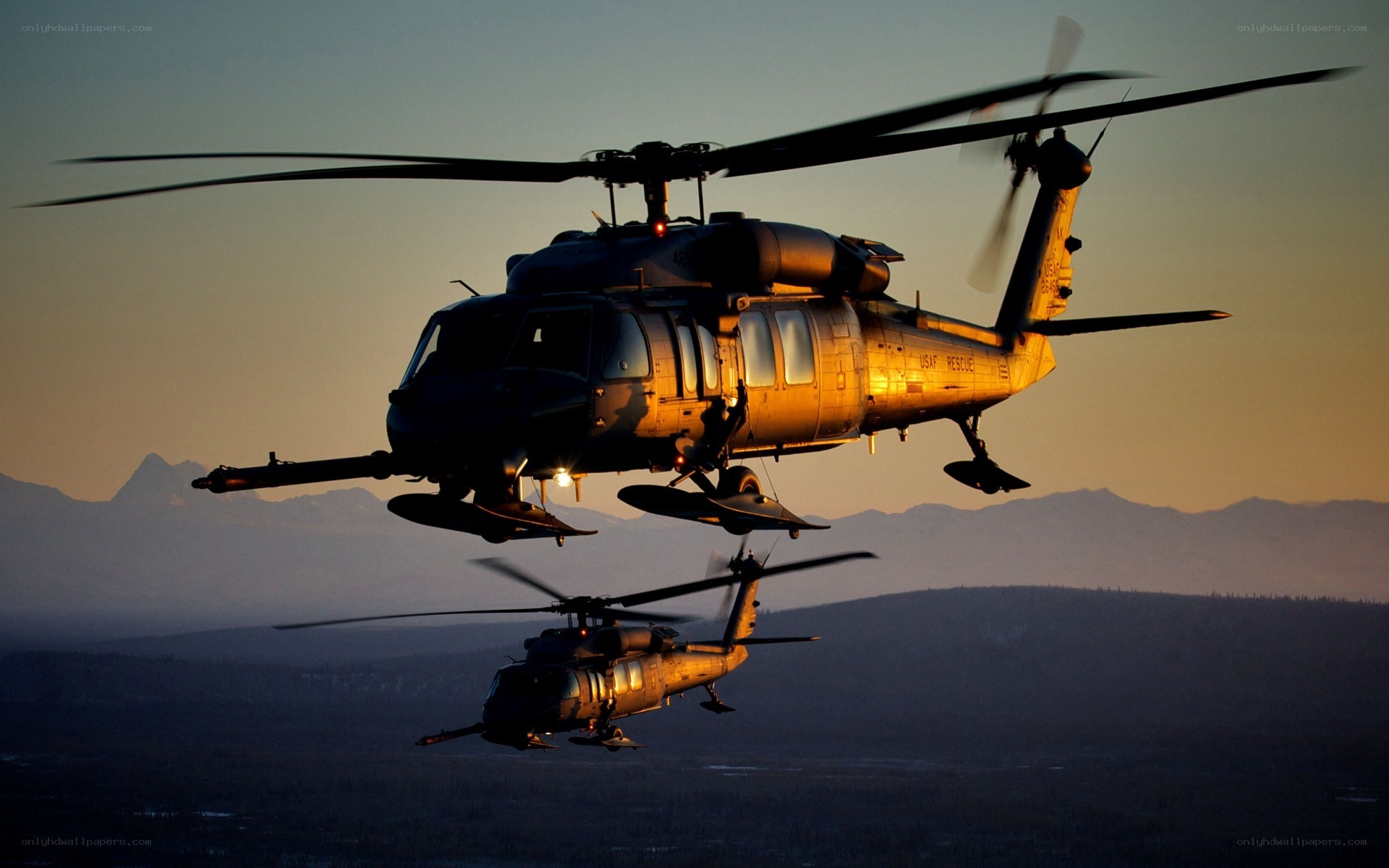 Military helicopters in flight