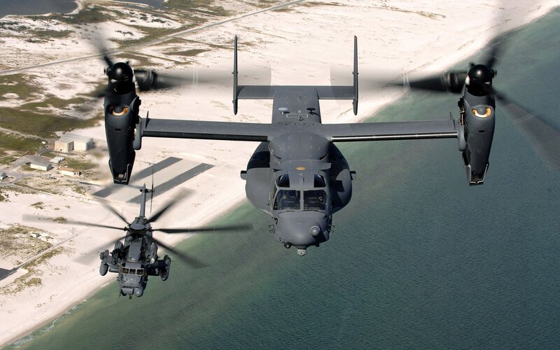Military helicopters in flight