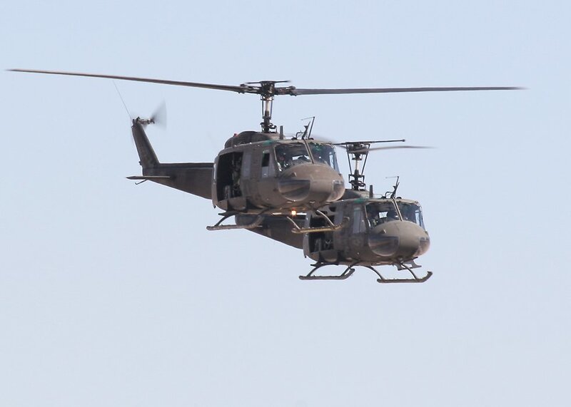 Military helicopters in flight