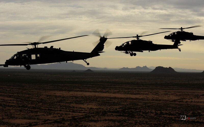 Military Helicopters in Flight — Black, Dramatic