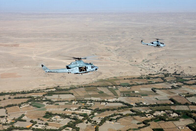Military Helicopters in Flight — Brown, Aerial