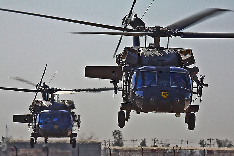 Military Helicopters in Flight — Gray, Dramatic, Afternoon, Photograph, Soldier