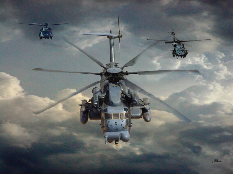 Military Helicopters in Flight — Gray, Dramatic, Digital Art