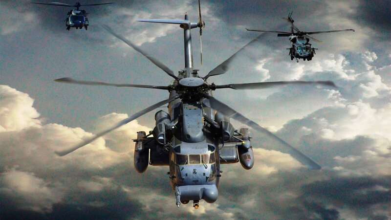 Military Helicopters in Flight — Gray, Dramatic, Photograph