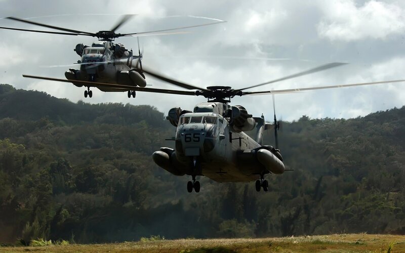 Military Helicopters in Flight — Green, Dramatic, Afternoon, Photograph, Hills, Sky
