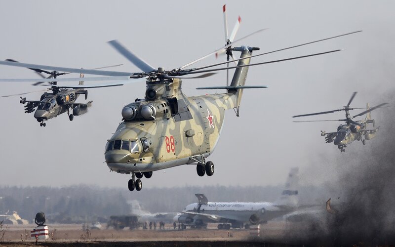 Military Helicopters in Flight — Green, Dramatic, Morning