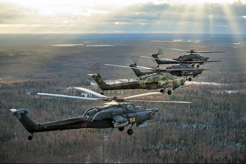 Military Helicopters in Flight — Green, Dramatic, Winter