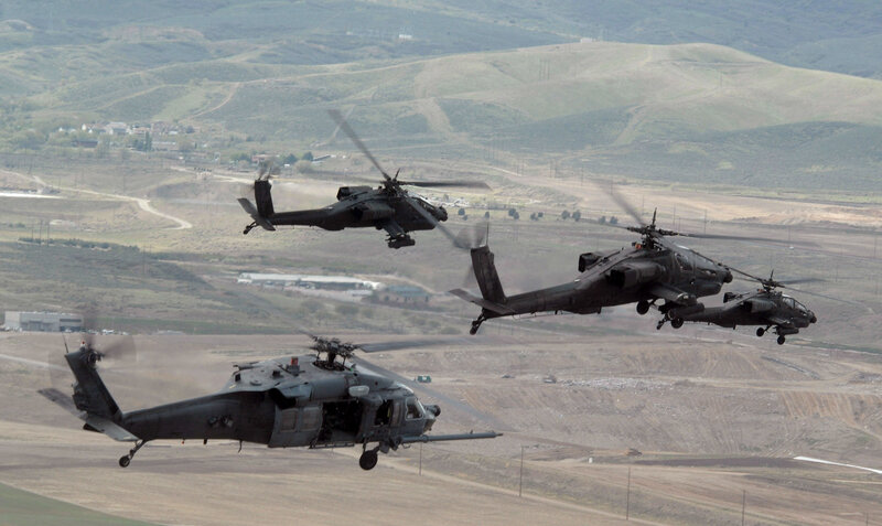Military Helicopters in Flight — Green, Dynamic, Afternoon, Photograph, Hills