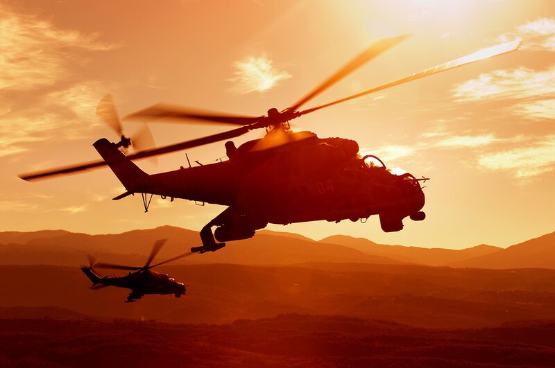 Military Helicopters in Flight — Orange, Dramatic, Sunset, Photograph