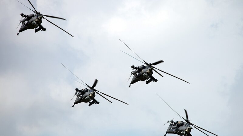 Military helicopters in formation