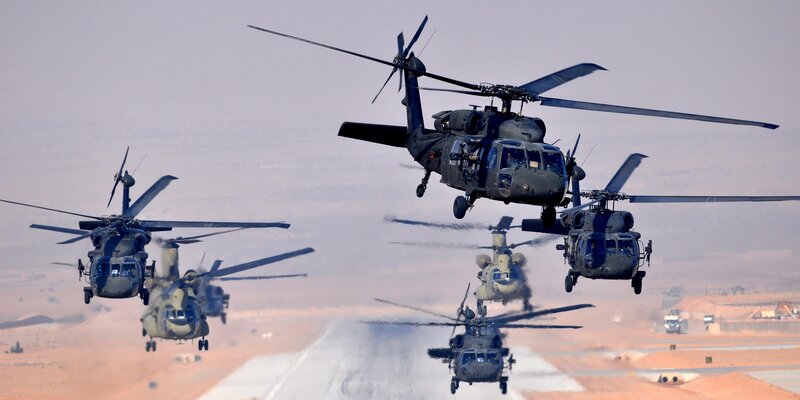 Military helicopters in formation