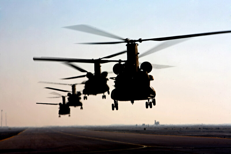 Military helicopters in formation