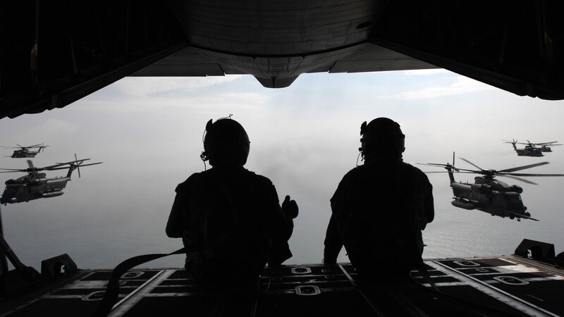 Military helicopters in formation