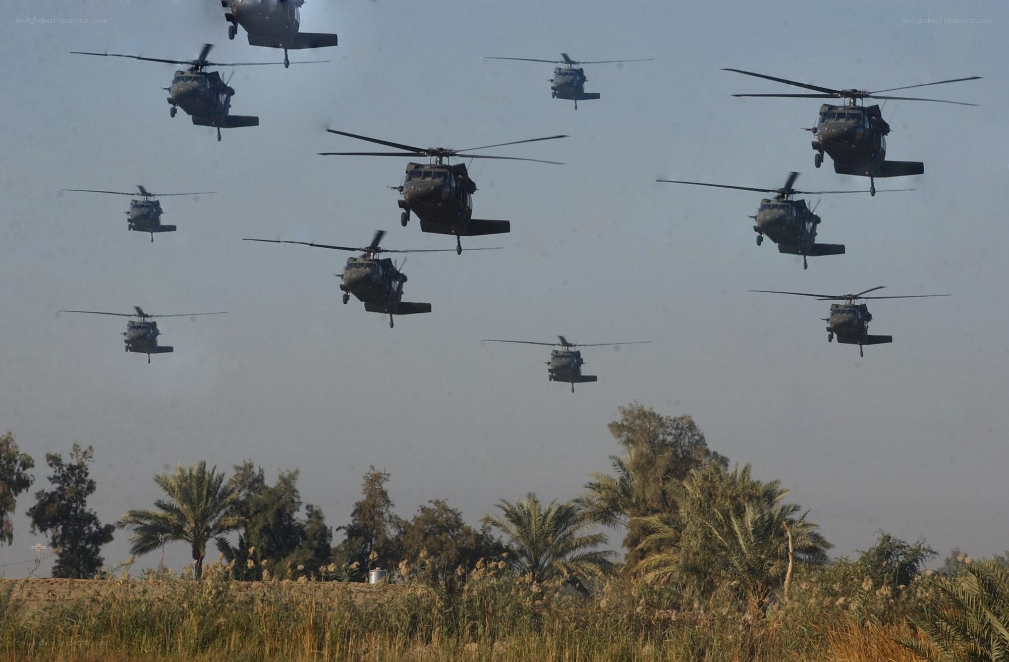 Military helicopters in formation