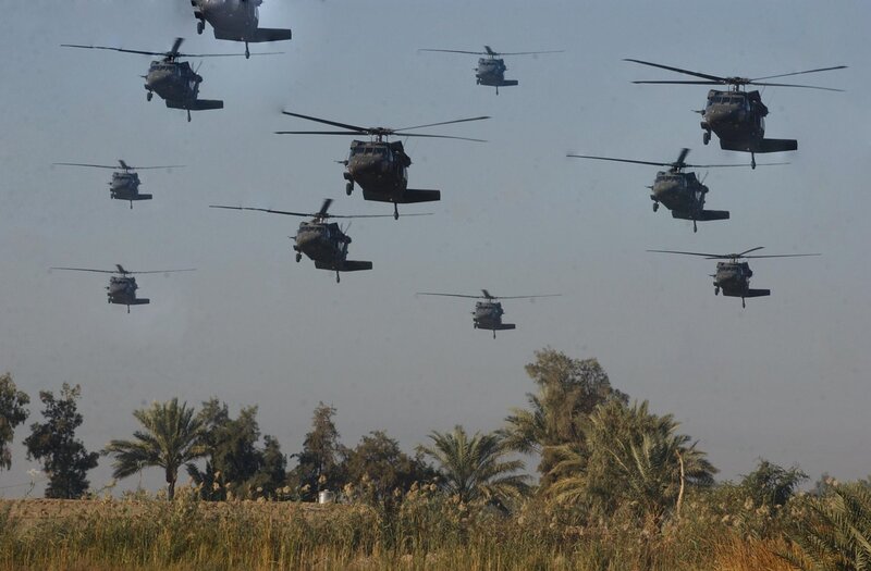 Military Helicopters in Formation — Gray, Dramatic, Afternoon, Photograph, Aircraft, Palm Trees