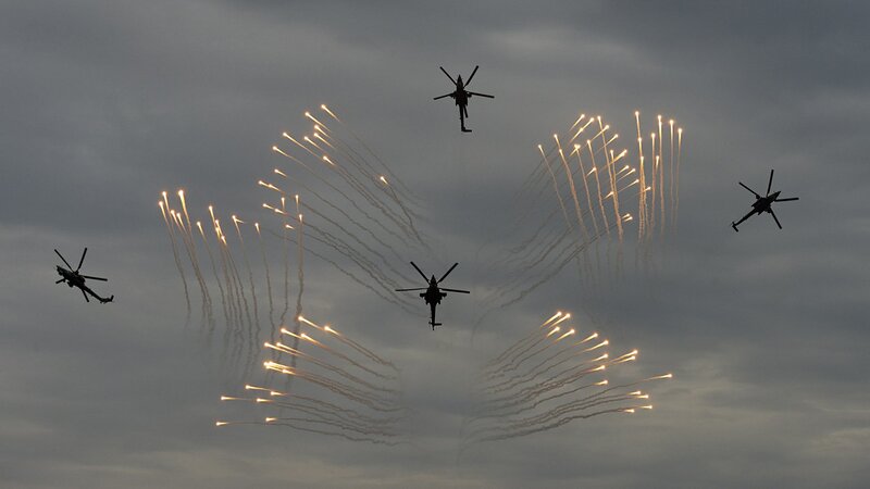 Military Helicopters in Formation — Gray, Dramatic, Sunset, Photograph