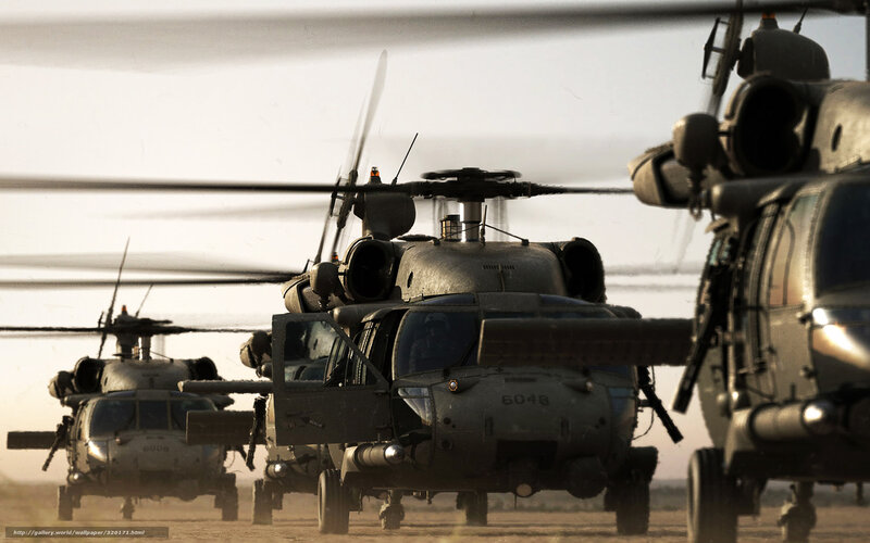 Military Helicopters in Formation — Gray, Dramatic, Sunset