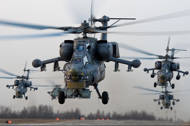 Military Helicopters in Formation — Gray, Dramatic