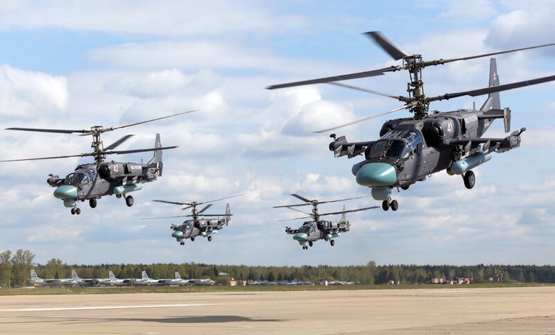 Military Helicopters in Formation — Gray