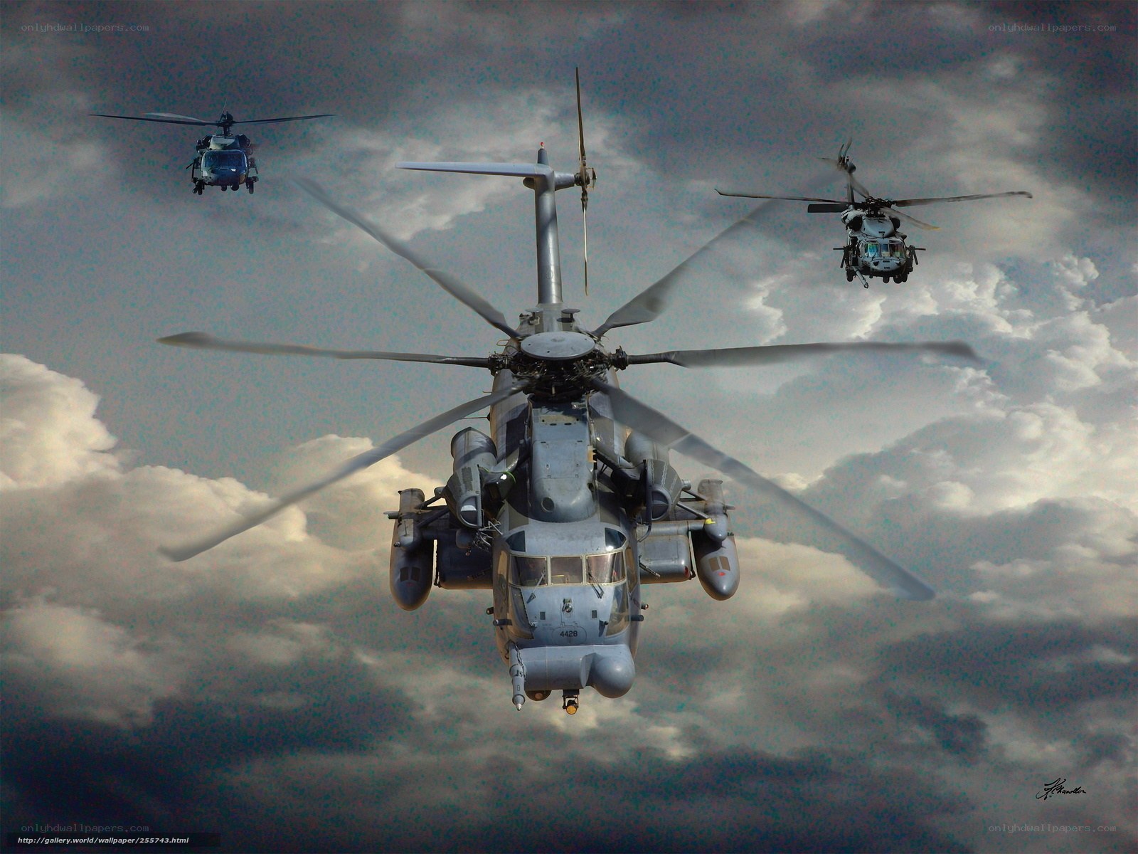 Military helicopters in formation