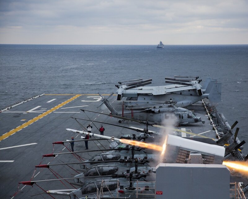 Military Helicopters on Deck — Gray, Dramatic