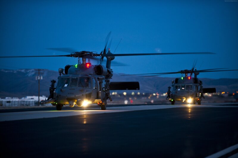 Military Helicopters on Tarmac — Blue, Dramatic