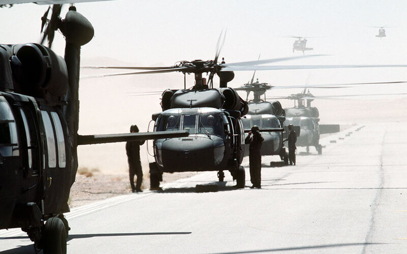 Military Helicopters on Tarmac — Gray, Dusty