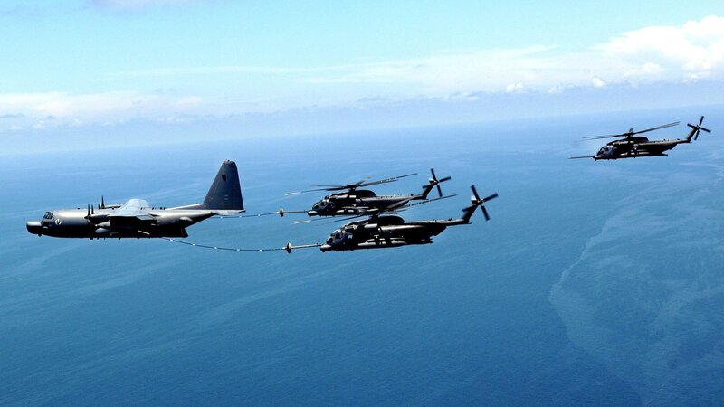 Military Helicopters Refueling — Blue